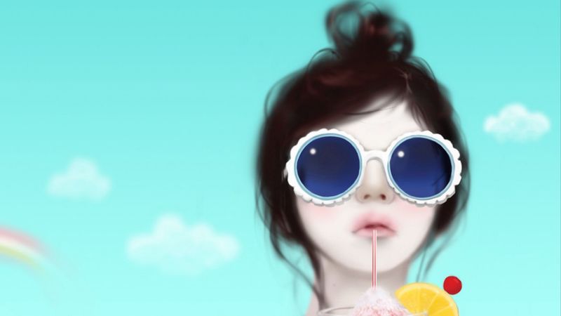 girl, glasses, drink, face, 4k