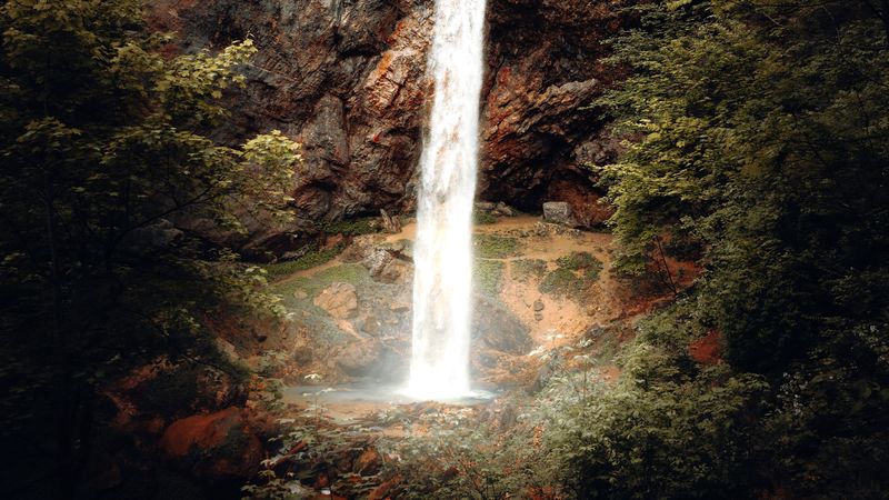 waterfall, stream, rocks, stone, dark, 4k