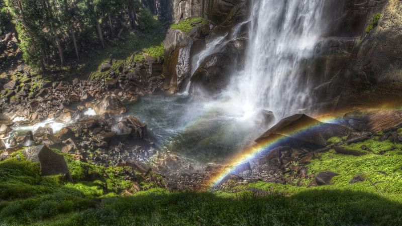 rainbow, falls, streams, stream, from above, stones, shadow, humidity, colors, 4k