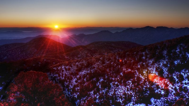 sun, decline, hills, patches of light, modulations, orange, horizon, 4k