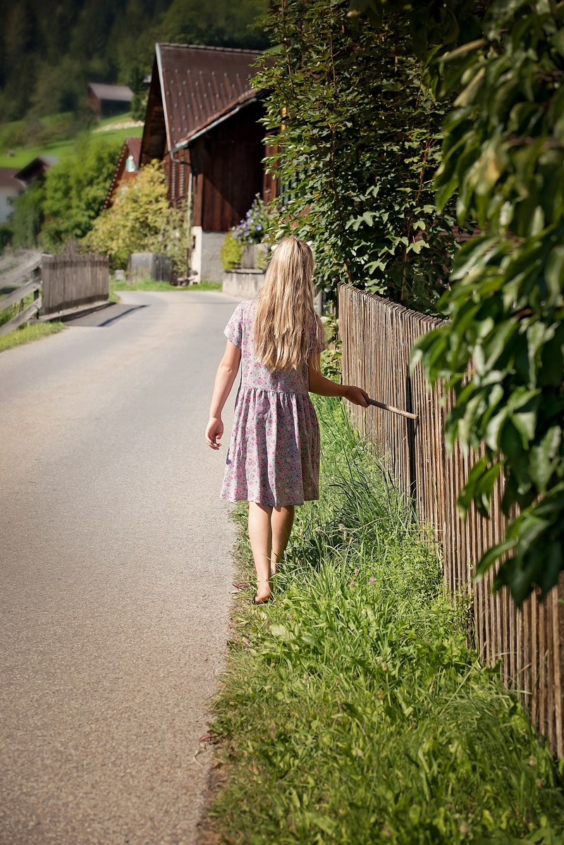 person human child girl long hair dress road 4k