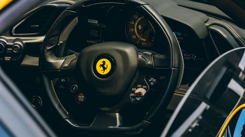 ferrari, steering wheel, interior, speedometer, 4k
