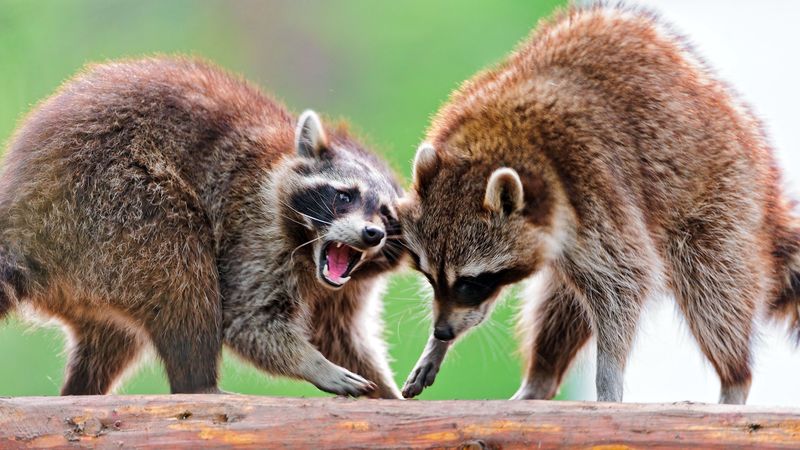 raccoons, couple, fight, open mouth, 4k