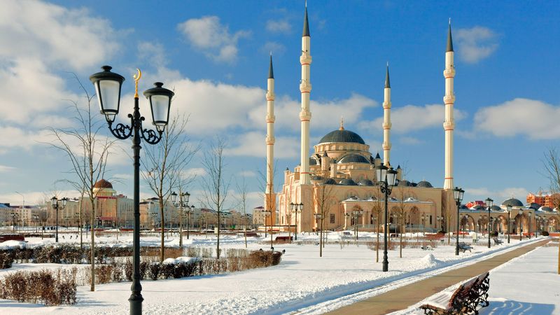 chechnya, mosque, snow, minaret, 4k