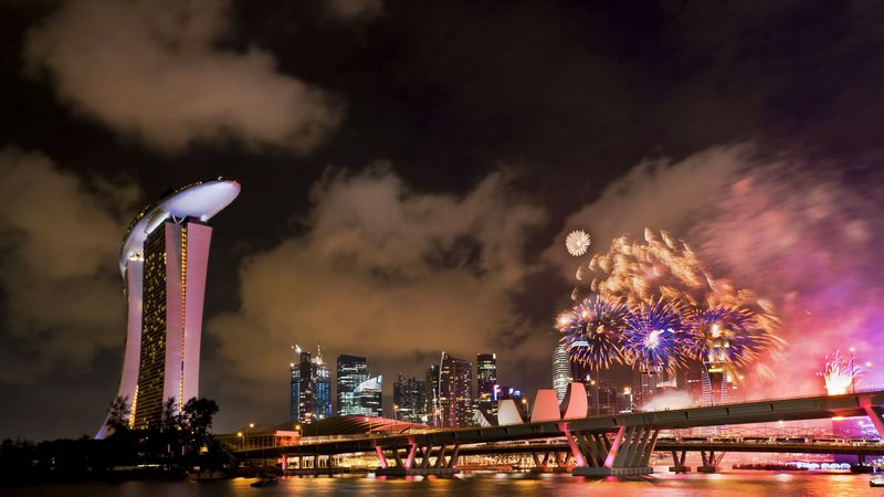 singapore, holiday, fireworks, bridge, 4k