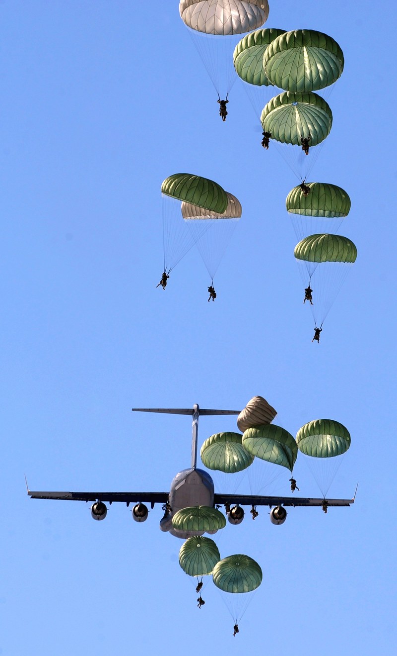 parachutes parachutists plane jet military army 4k