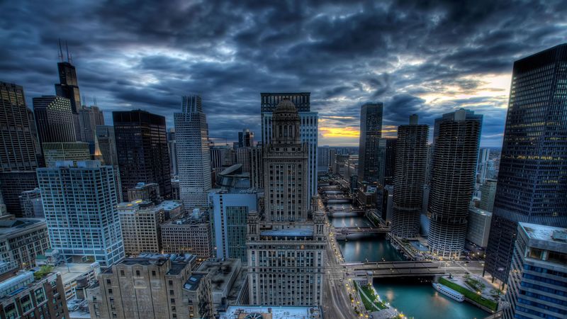 chicago, buildings, skyscrapers, river, bridge, hdr, 4k