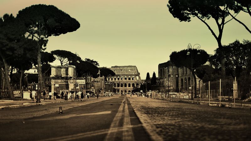 rome, italy, colosseum, city, street, people, road, trees, 4k