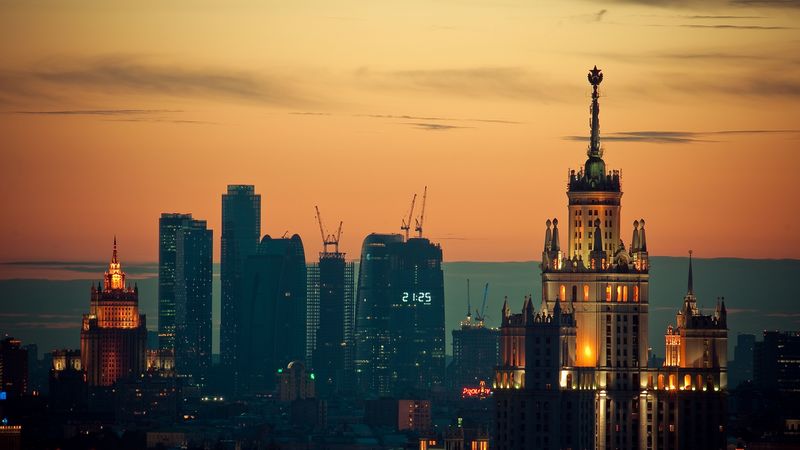moscow, sunset, lights, 4k