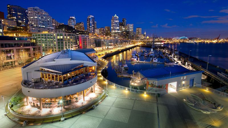 seattle, promenade, pier, night, city, bridge, boats, buildings, 4k