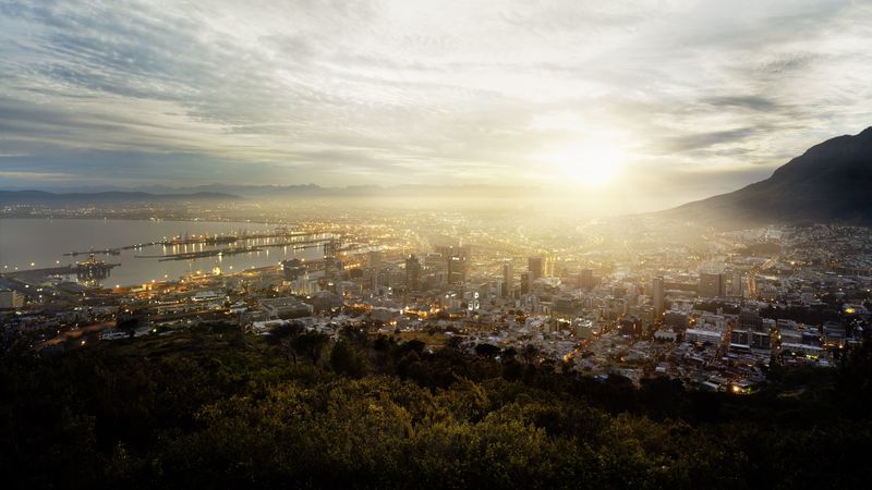 cape town, south africa, fog, buildings, hills, 4k