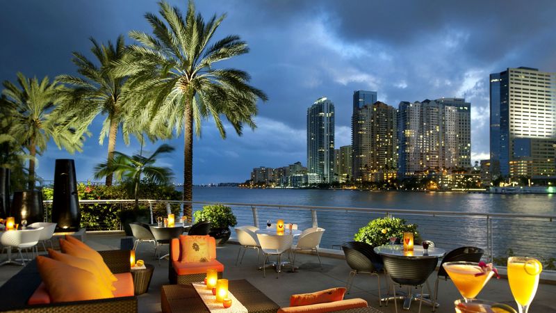 miami, florida, usa, city, ocean, bay, coffee, palm trees, tables, 4k