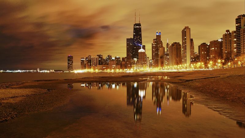 city, chicago, night, lights, lake, 4k
