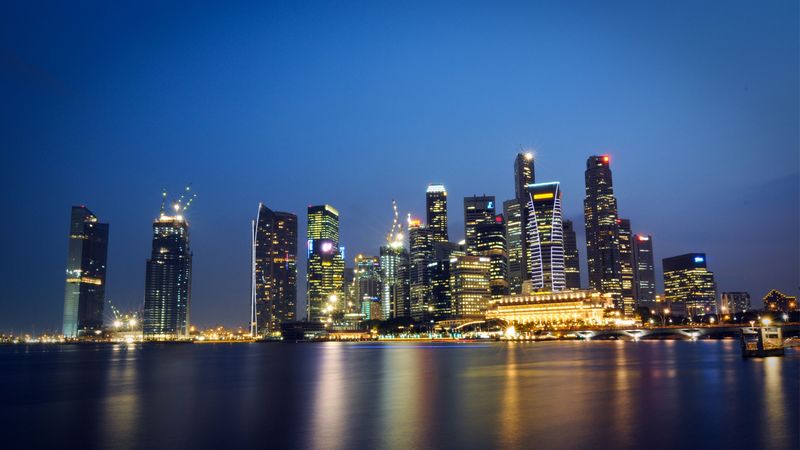 malaysia, singapore, city-state, metropolis, skyscrapers, night lights, light blue, sky, shedding, reflection, hdr, 4k