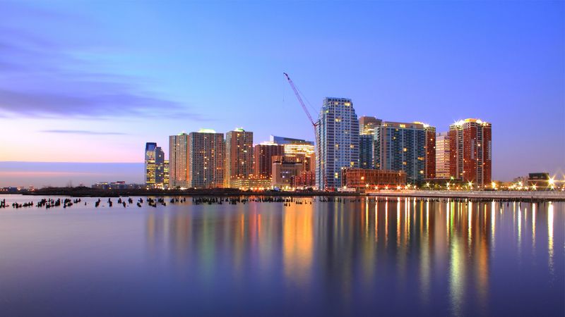 usa, jersey city, new jersey, port, purple, night, pink, sunset, sky, clouds, skyscrapers, lights, river, hudson, reflection, hdr, 4k
