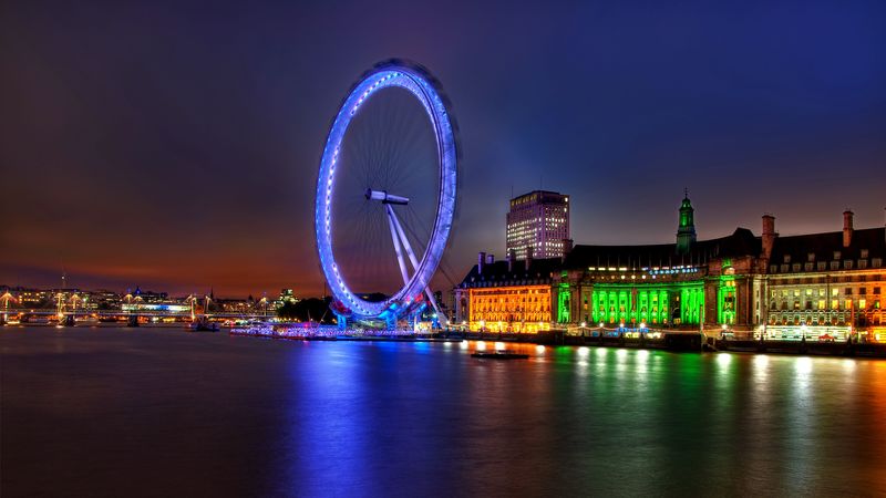 uk, england, london, capital, ferris wheel, night, building, architecture, lights, river, thames, 4k