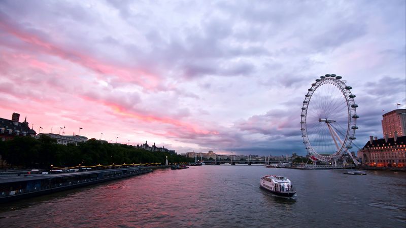 uk, england, london, capital, ferris wheel, night, building, architecture, promenade, river, thames, sky, clouds, 4k