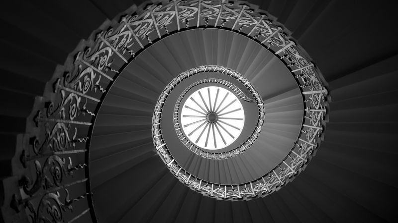 ladder, spiral, bottom view, bw, 4k