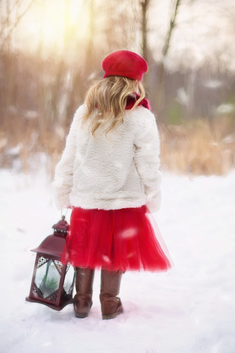 little girl winter snow red lantern cold 4k