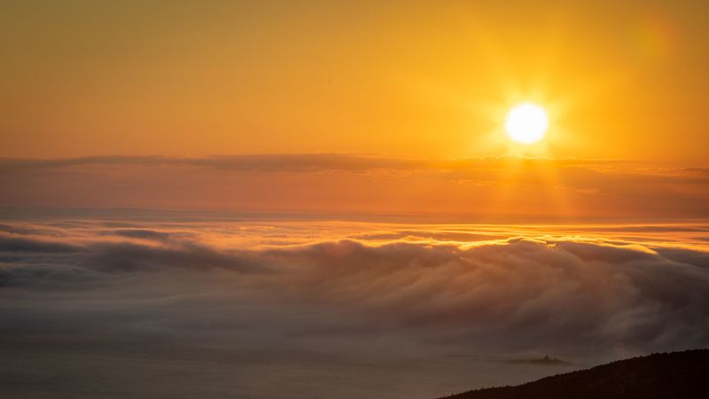 sun, sunset, clouds, fog, 4k