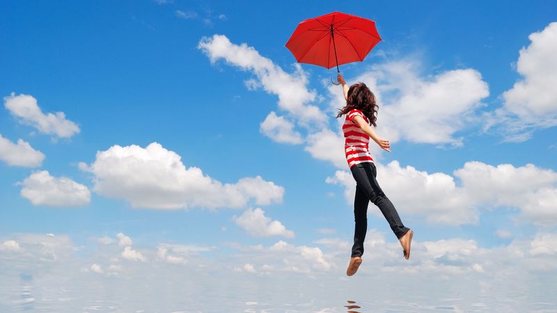 girl, water, flying, umbrella, mood, 4k
