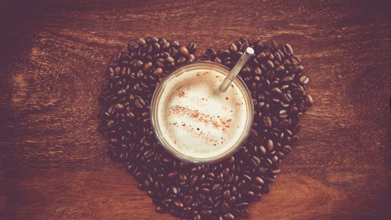 coffee, cup, foam, coffee beans, table, 4k