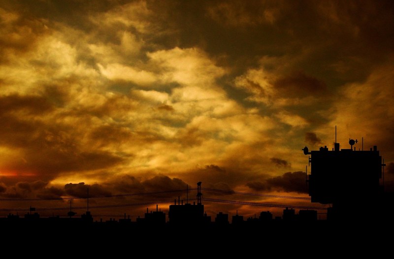 industry sunset city sky 4k