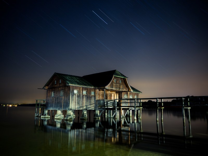 hut lake star milky way ammersee night galaxy 4k