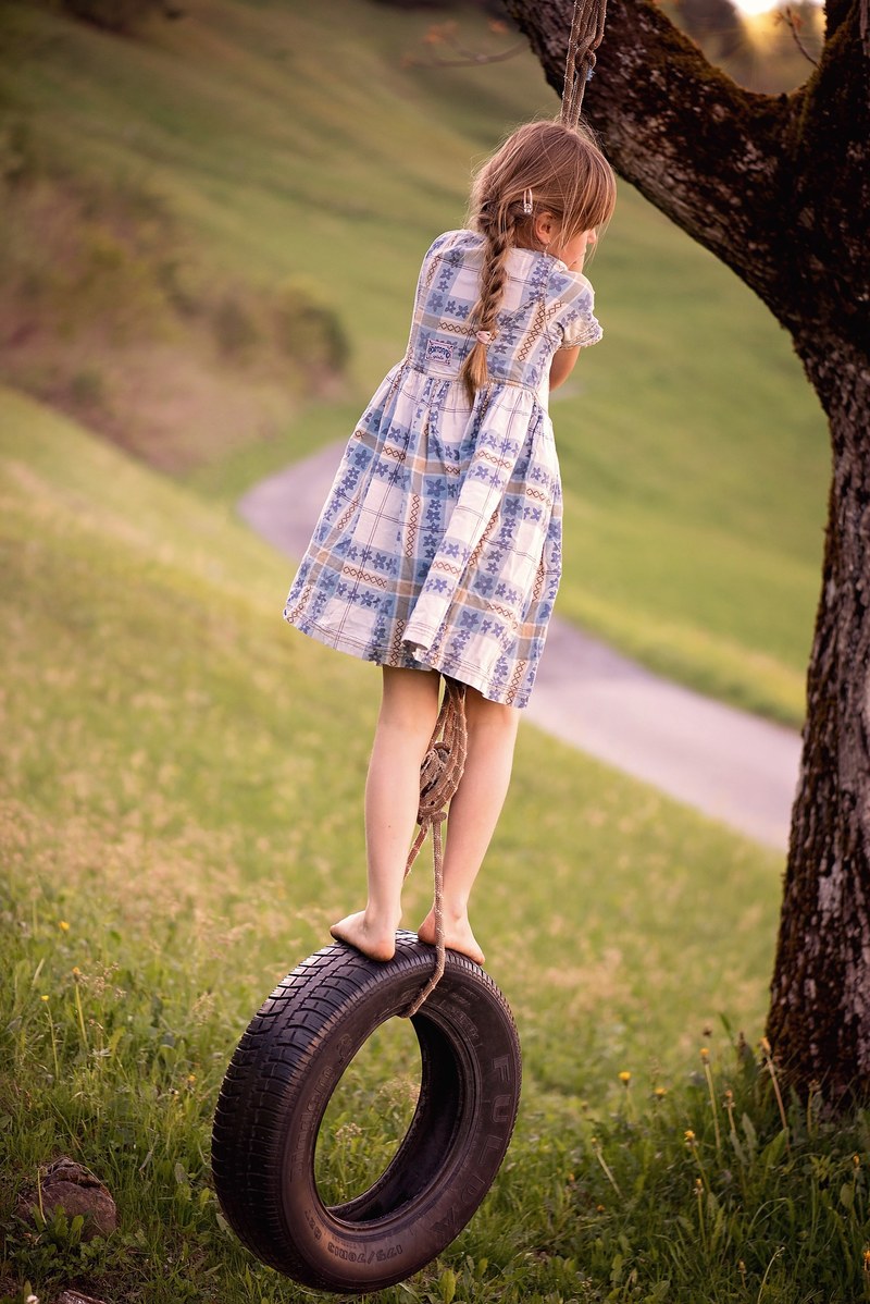 human person child girl blond long hair swing 4k