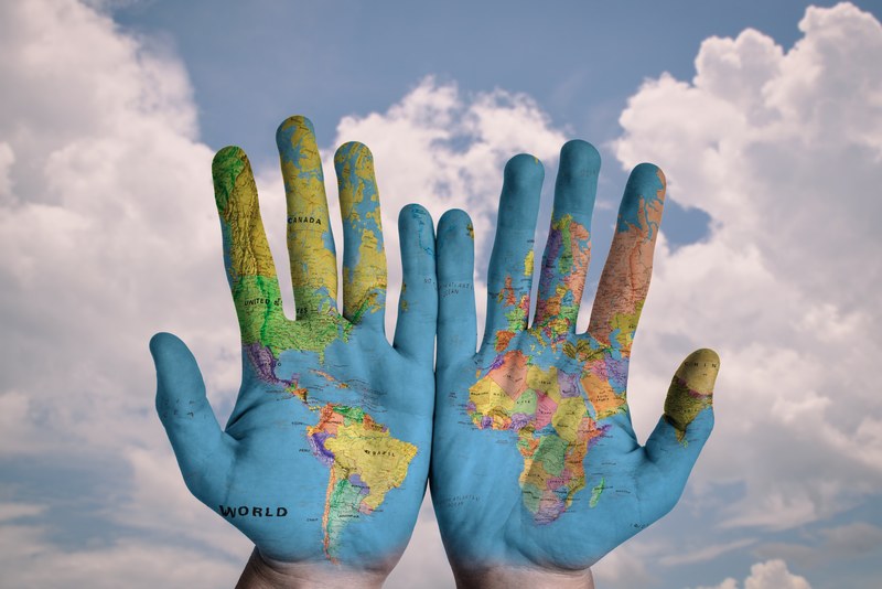 hands world map global earth globe blue creative 4k