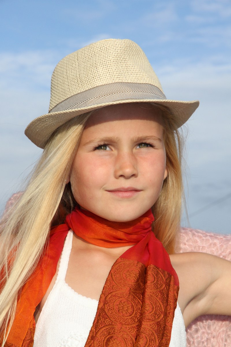 girl hat blonde portrait orange scarf beauty 4k