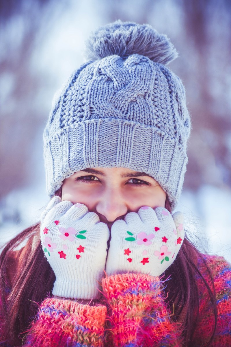 girl beauty portrait winter smile snowflakes 4k