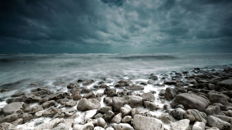 stones, sea, landscape, coast, gloomy, 4k