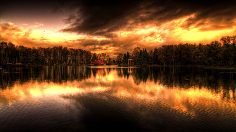 decline, evening, reflection, sky, wood, coast, house, 4k