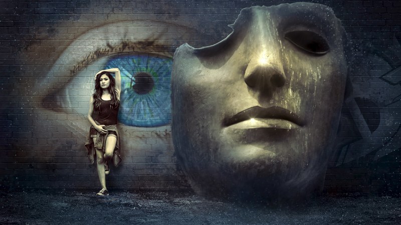 fantasy surreal mask wall eye mysticism girl 4k