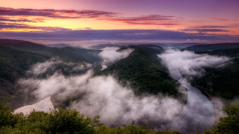 germany, river, loop, bend, fog, evening, decline, 4k