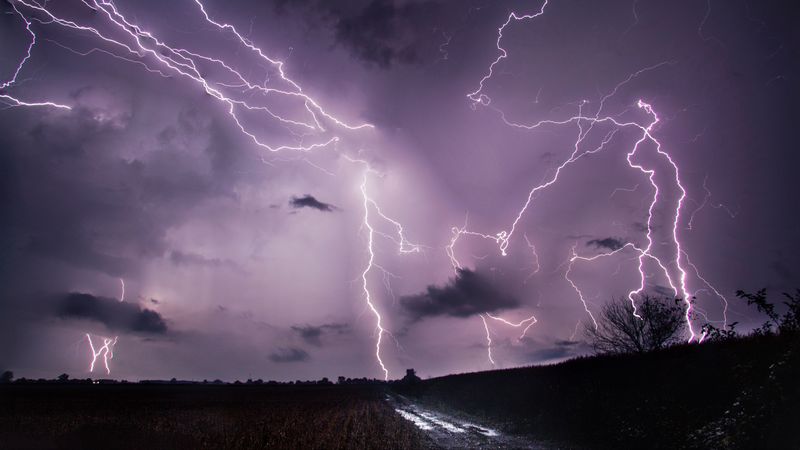 lightning, thunderstorm, road, field, 4k