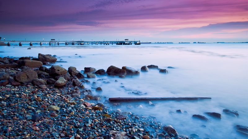 stones, pebble, coast, evening, fog, malaysia, resort, 4k