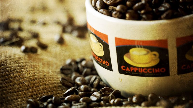 coffee, cup, cappuccino, grains, bag, 4k