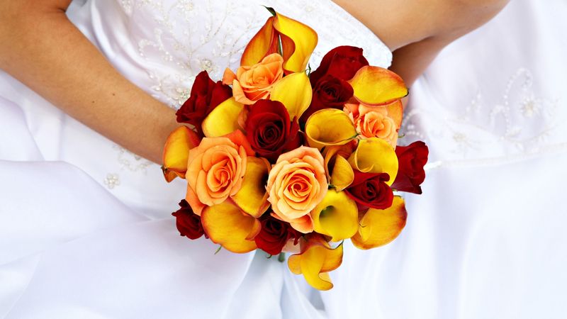 roses, calla lilies, bridal bouquet, groom, dress, 4k