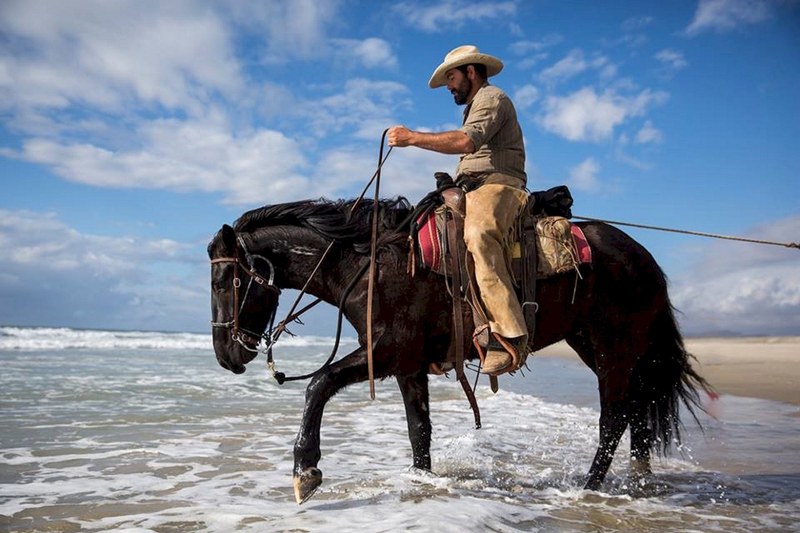 cowboy horse riding water ocean beach 4k