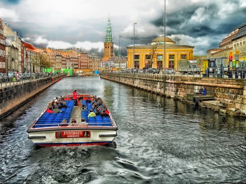 copenhagen denmark canal boat tourists city 4k
