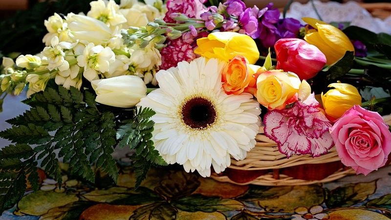 roses, carnations, gerberas, tulips, flowers, arrangement, basket, 4k