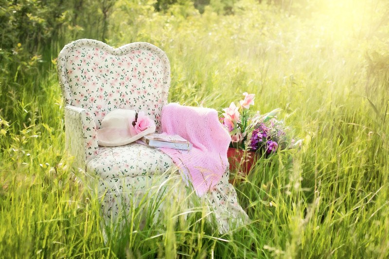 chair in field floral chair pink summer nature 4k