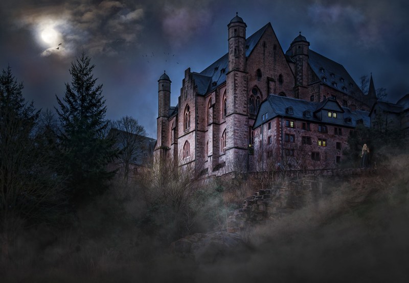 castle mystical mood moonlight night sky 4k