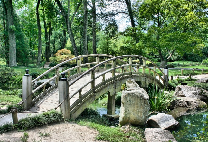 bridge japanese garden arch park gardening green 4k