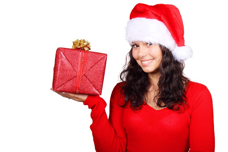 box christmas claus cute female gift girl happy 4k