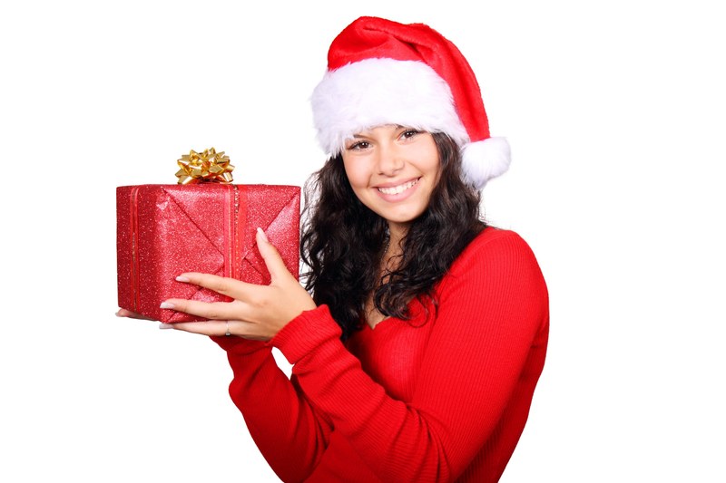 box christmas claus cute female gift girl happy 4k