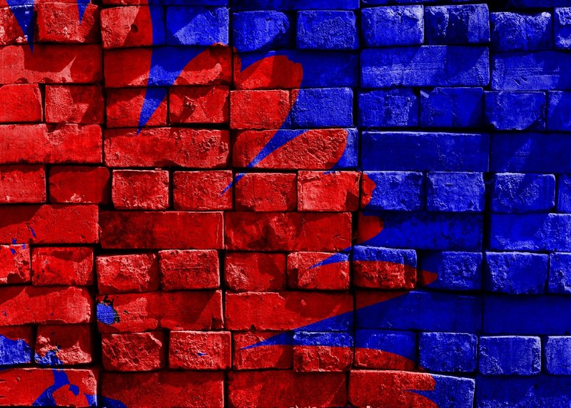 blue red painted brick wall artwork art 4k