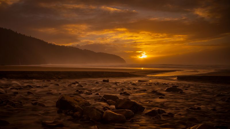 sunset, stone, water, waves, 4k